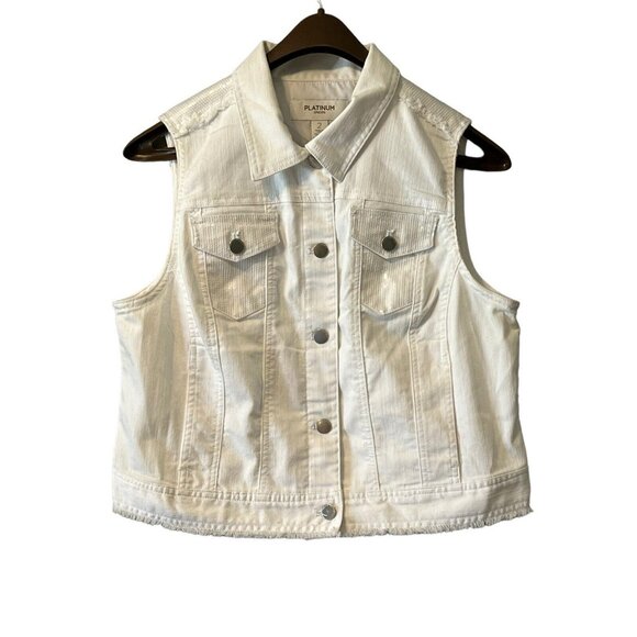 Chico's Platinum Optic White Sequin Frayed Fringe Sleeveless Denim Vest Size 2‎ - Picture 1 of 12